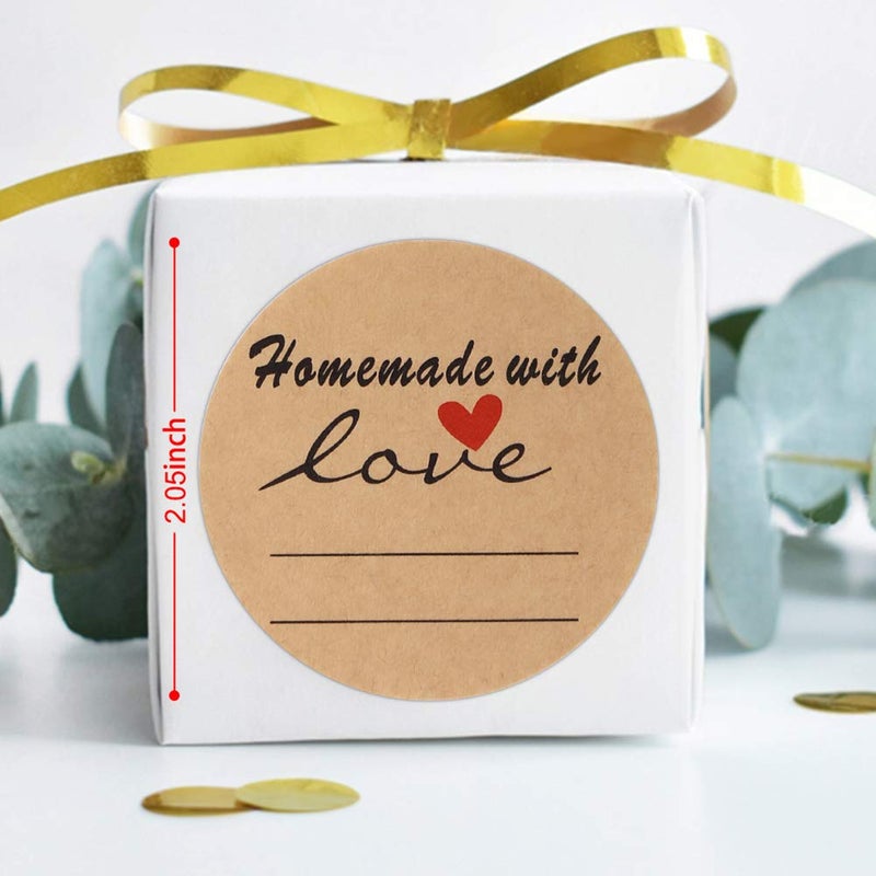A AKRAF 2" Round Kraft Homemade with Love Sticker with Lines for Writing, Black Font and Red Heart Canning Labels, 500 Labels per roll - Image 2